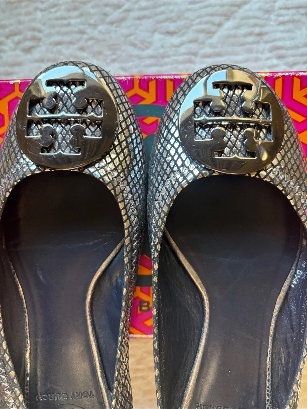 Tory Burch Pewter Reva Mirror Snake Print with Metal Logo